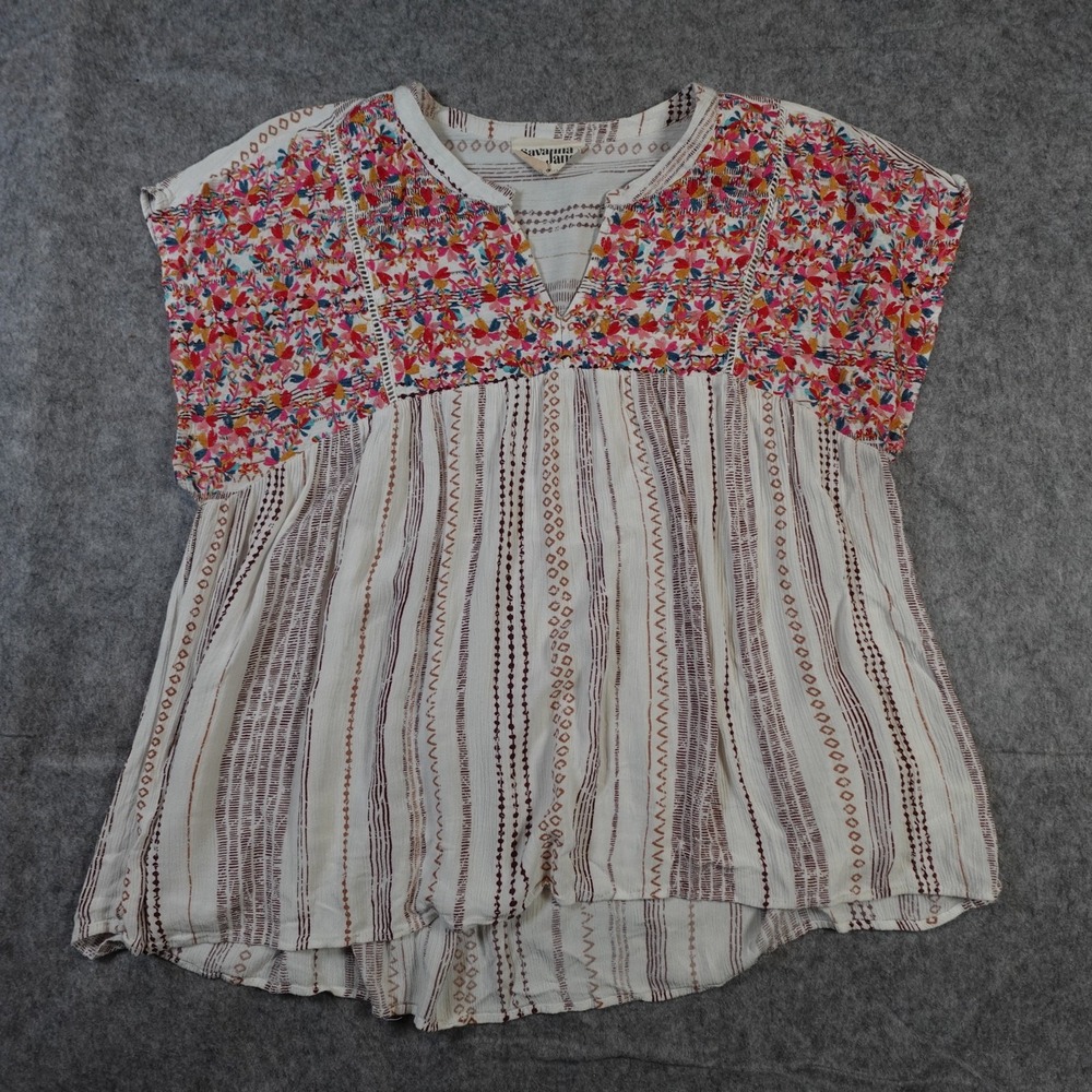 Savanna Jane Top Womens 2X Floral‎ Embroidered Boho Festive Artsy Aztec Striped